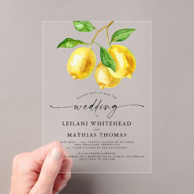 Lemon Citrus Watercolor Wedding Acrylic Invitations (Insitu (Handheld))