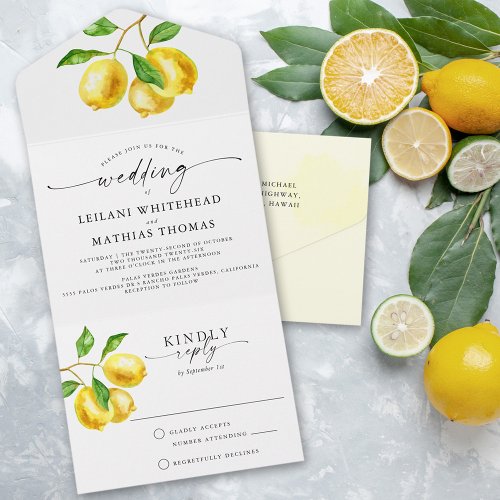 Lemon Citrus Watercolor Wedding All In One Invitation