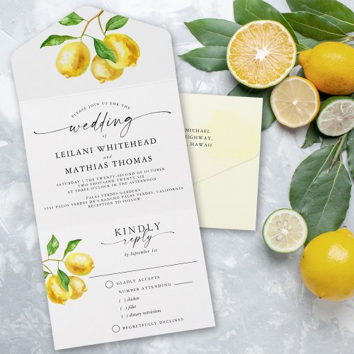 Lemon Citrus Watercolor Wedding Meal Choice All In One Invitation