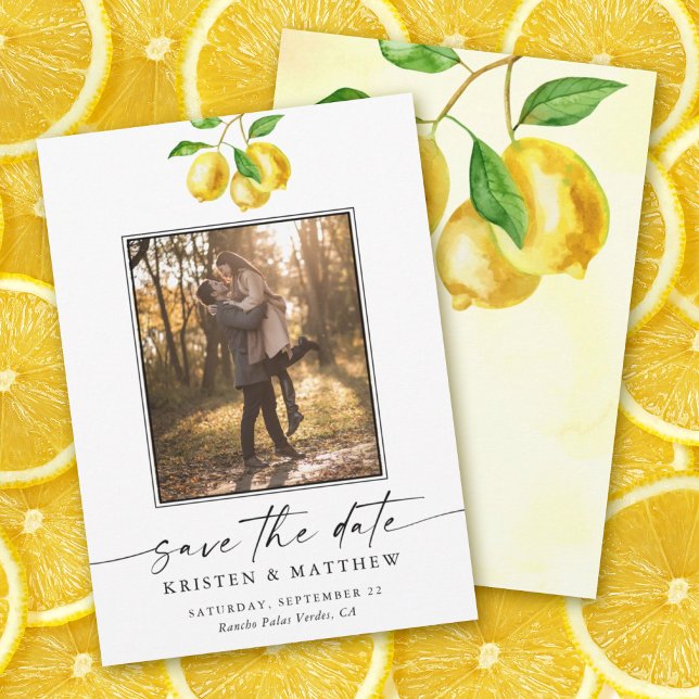Lemon Citrus Watercolor Wedding Photo Save The Date (Capture the essence of summer with our lemon watercolor save the date.)