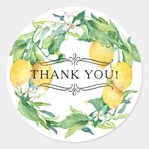 Lemon Citrus Watercolor White Floral Leaf Greenery Classic Round Sticker