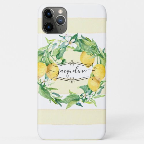 Lemon Citrus Watercolor Wide Stripe Floral Wreath iPhone 11 Pro Max Case