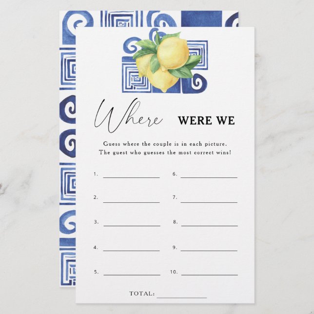 Lemon Citrus - Where were we bridal shower game (Front/Back)