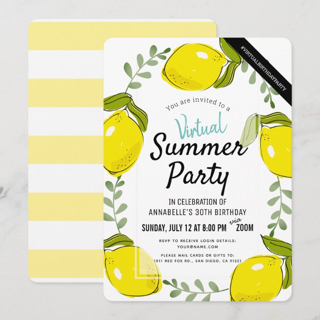 Lemon Citrus White Summer Adult Virtual Birthday Invitation (Front/Back)