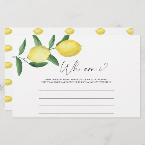 Lemon Citrus _ Who am I bridal shower game Stationery