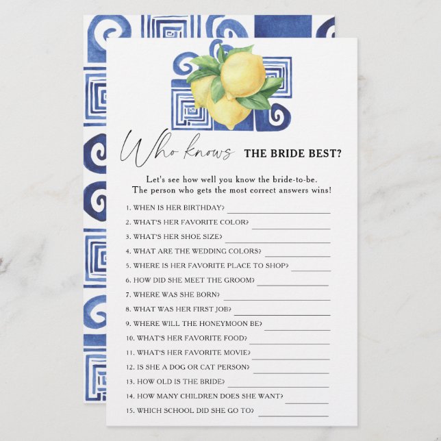 Lemon citrus - Who knows the bride best game (Front/Back)