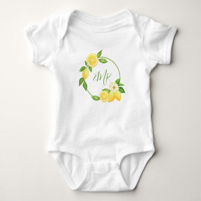 Lemon Citrus Wreath Baby Shower Gift Monogram Baby Bodysuit (Front)