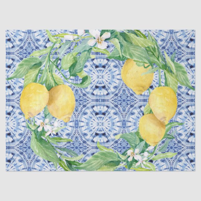 Lemon Citrus Wreath Farmhouse Navy Blue n White Tissue Paper (Front)
