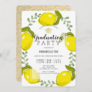 Lemon Citrus Wreath Gold Glitter Graduation Invitation
