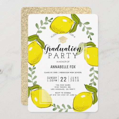 Lemon Citrus Wreath Gold Glitter Graduation Invitation