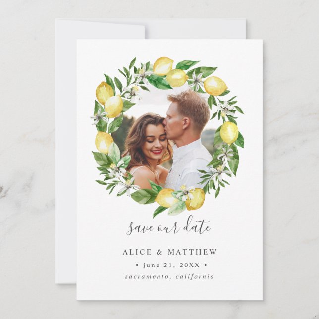 Lemon Citrus Wreath Photo wedding save the date (Front)