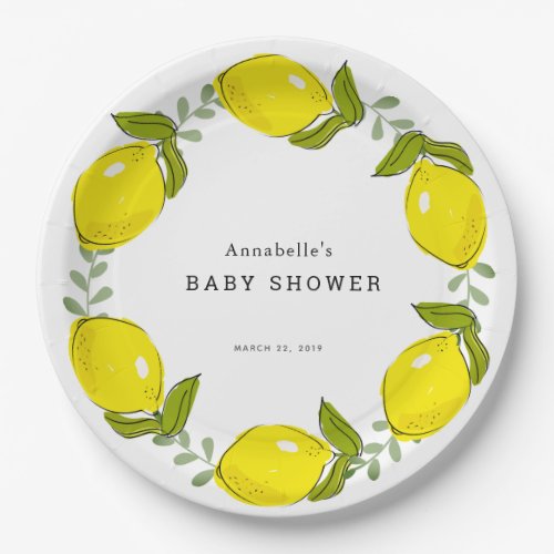 Lemon Citrus Wreath White Baby Shower Paper Plate