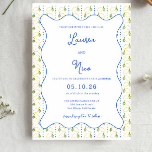 Lemon Citrus Yellow and Blue Italian Chic Wedding Invitation