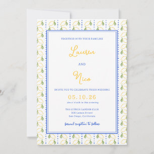 Lemon Citrus Yellow and Blue Italian Chic Wedding Invitation