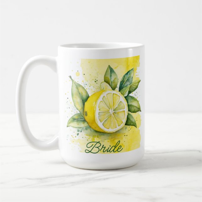 Lemon Citrus Yellow Fruit Pretty Watercolor Bride Coffee Mug (Left)