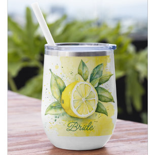 Lemon Citrus Yellow Fruit Pretty Watercolor Bride Thermal Wine Tumbler