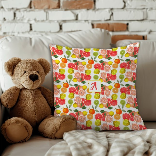 Lemon citrus yellow red Pattern  Throw Pillow (The charming design showcases a mix of cheerful citrus fruits like lemons, grapefruits, limes.)