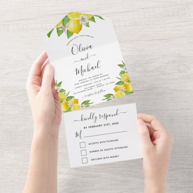 Lemon Citrus Yellow Wedding Spring Summer RSVP All In One Invitation (Tearaway)