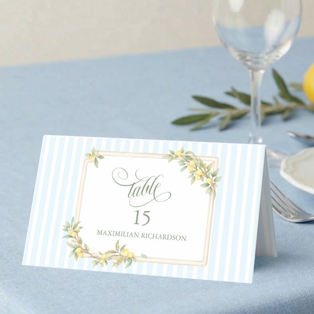 Lemon Coastal Stripe Personalized Wedding Place Card (mediterranean lemon coastal pale blue stripe wedding table place card with custom guest name)
