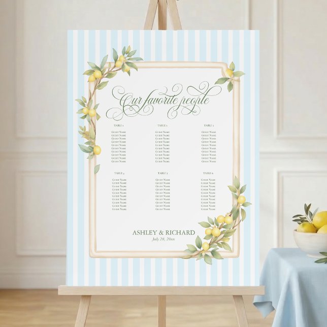 Lemon Coastal Stripe Wedding 6 Table Seating Chart Foam Board (coastal stripe lemon our favorite people wedding seating chart for reception dinner ceremony)