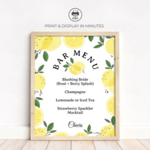 Lemon Cocktail Bar Menu Bridal Shower Sign
