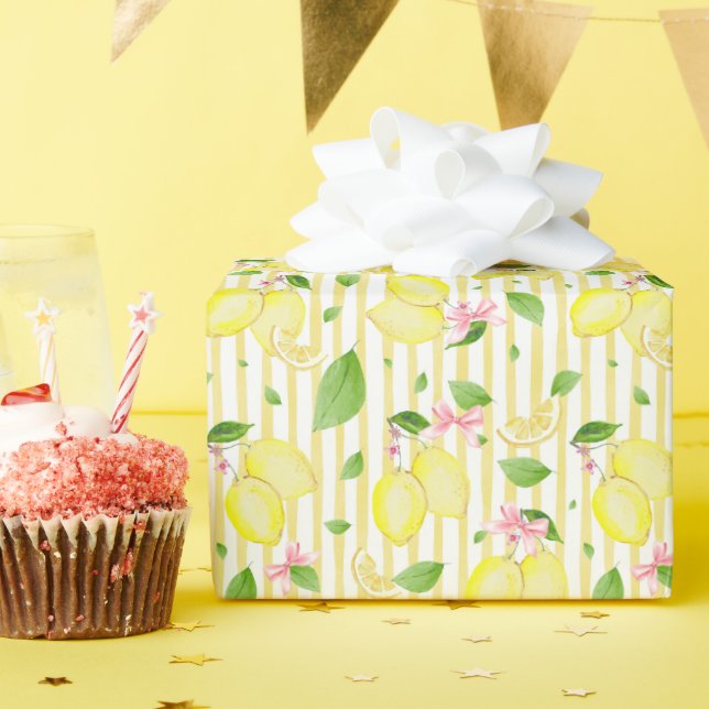 Lemon Coquette Pink Bows And Yellow Stripes Wrapping Paper (Birthday Party)
