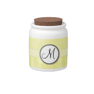 Lemon Cream Damask with Stripes and Monogram Candy Jar