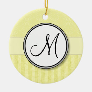 Lemon Cream Damask with Stripes and Monogram Ceramic Ornament