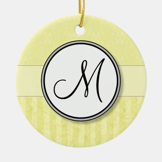 Lemon Cream Damask with Stripes and Monogram Ceramic Ornament (Front)