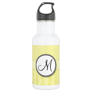 Lemon Cream Damask with Stripes and Monogram Water Bottle
