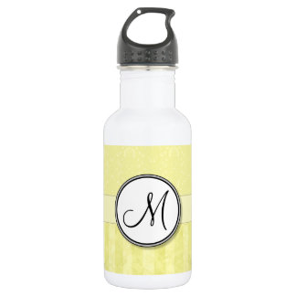 Lemon Cream Damask with Stripes and Monogram Water Bottle