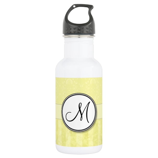 Lemon Cream Damask with Stripes and Monogram Water Bottle (Front)