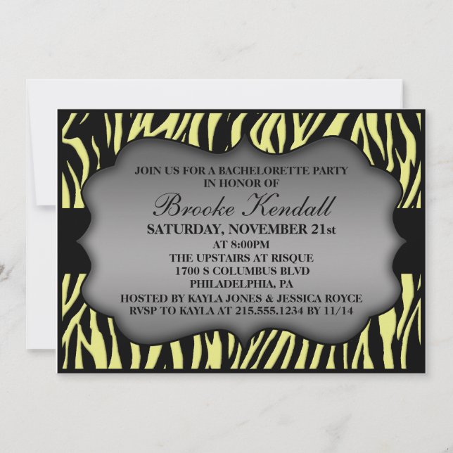 Lemon Creme Wild Night Zebra Bachelorette Party Invitation (Front)