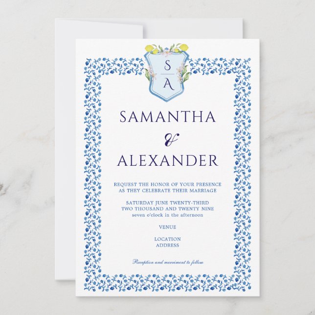 Lemon Crest Blue Mediteranean Tiles Wedding Invitation (Front)