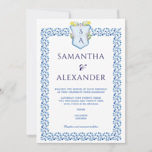 Lemon Crest Blue Mediteranean Tiles Wedding Invitation