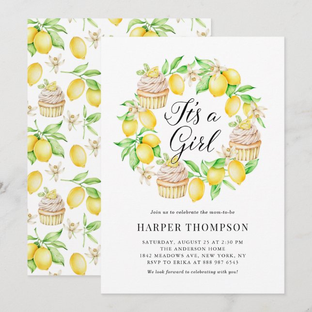 Lemon Cupcakes Wreath It's a Girl Baby Shower Invitation (Front/Back)