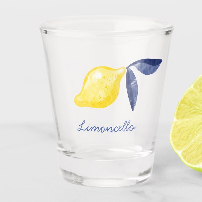 Lemon Custom Text Shot Glass (Watercolor lemon with custom text saying Limoncello)