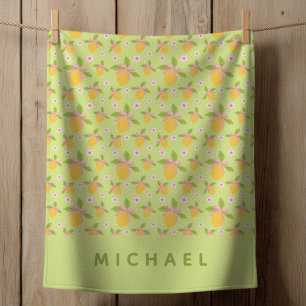 Lemon& Daisy Pattern with Name Mint Green Baby Blanket