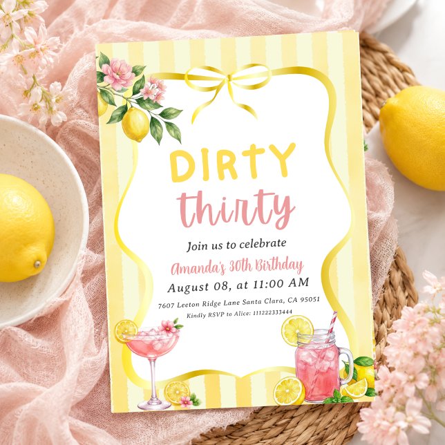 Lemon Dirty 30 Yellow Stripe 30th Birthday Invitation (Creator Uploaded)