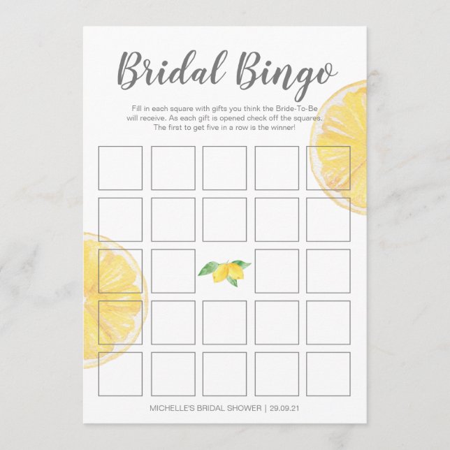 Lemon Double-Sided Bridal Bingo Shower Game Menu (Front)