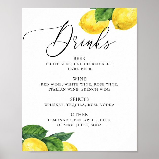 Lemon Drinks Sign | Citrus Botanical Wedding Bar (Front)