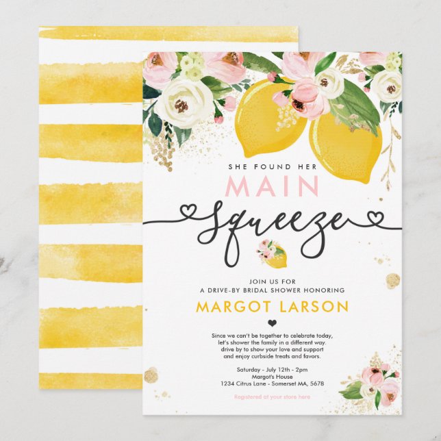 Lemon Drive By Bridal Shower Lemon Main Squeeze Invitation (Front/Back)