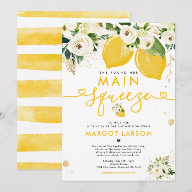 Lemon Drive By Bridal Shower Lemon Main Squeeze Invitation (Front/Back)