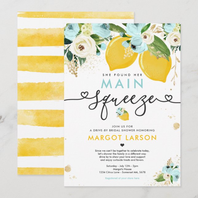Lemon Drive By Bridal Shower Lemon Main Squeeze Invitation (Front/Back)