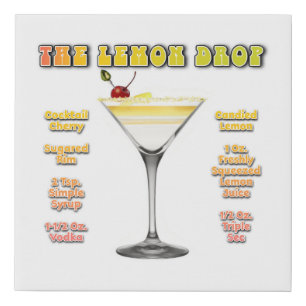 LEMON DROP MARTINI Cocktail Recipe Art 10" x 10" Faux Canvas Print