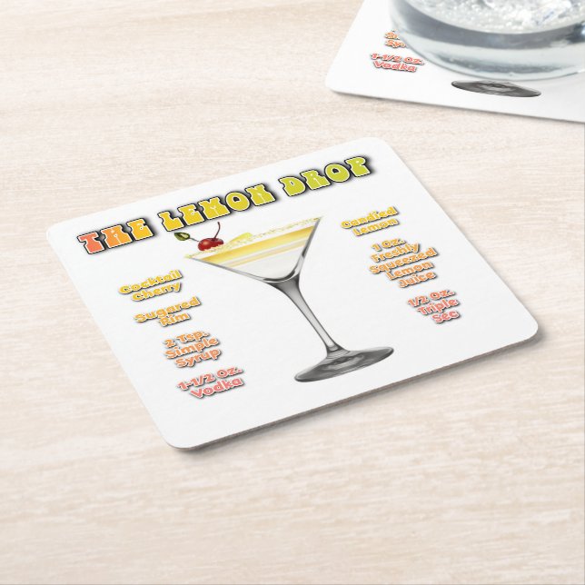 LEMON DROP MARTINI Cocktail Recipe Art Square Paper Coaster (Angled)