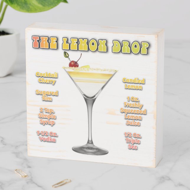 LEMON DROP MARTINI Cocktail Recipe Art Wooden Box Sign (In Situ Horizontal)