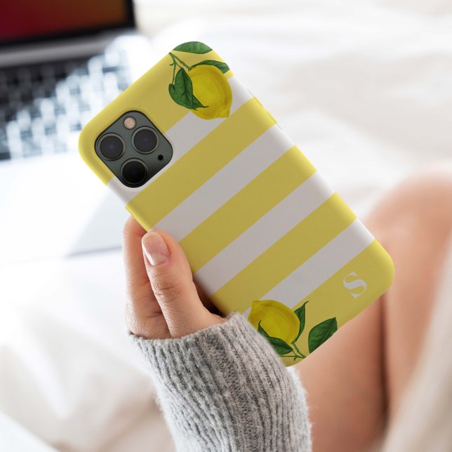 Lemon Drop Stripe Monogram Case-Mate iPhone Case (Modern lemon fruit yellow stripes with monogram. Cheerful design for someone who loves lemons.)
