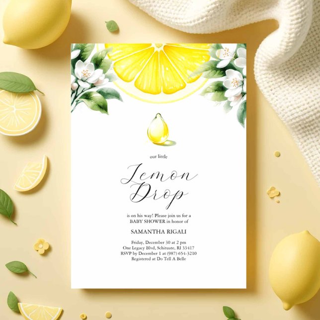 Lemon drop Theme Baby Shower Invitations (lemon baby shower invitations features watercolor lemons and a drop for a citrus themed party)