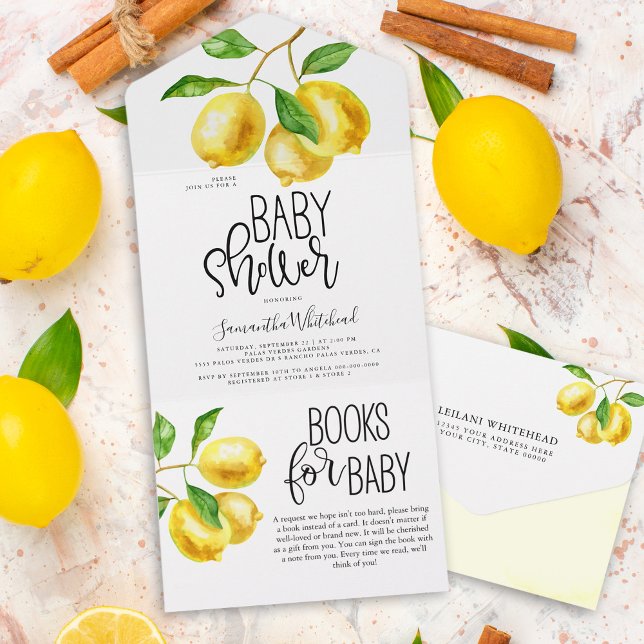 Lemon Drop Watercolor Books for Baby Shower All In One Invitation (Lemon citrus watercolor baby shower all in one invitation includes a tear away books for baby.)